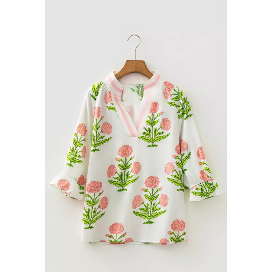 Floral Print Notched Ruffled Sleeve Blouse Apparel and Accessories
