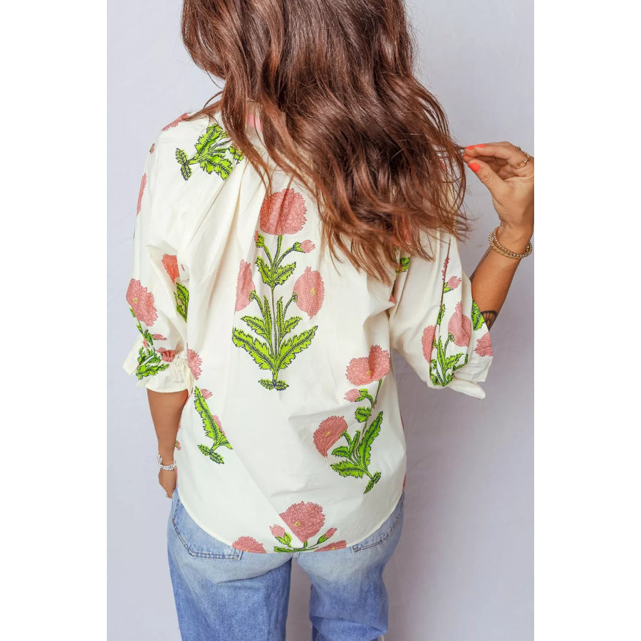 Floral Print Notched Ruffled Sleeve Blouse Apparel and Accessories