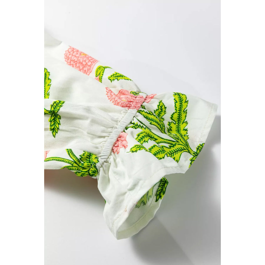 Floral Print Notched Ruffled Sleeve Blouse Apparel and Accessories