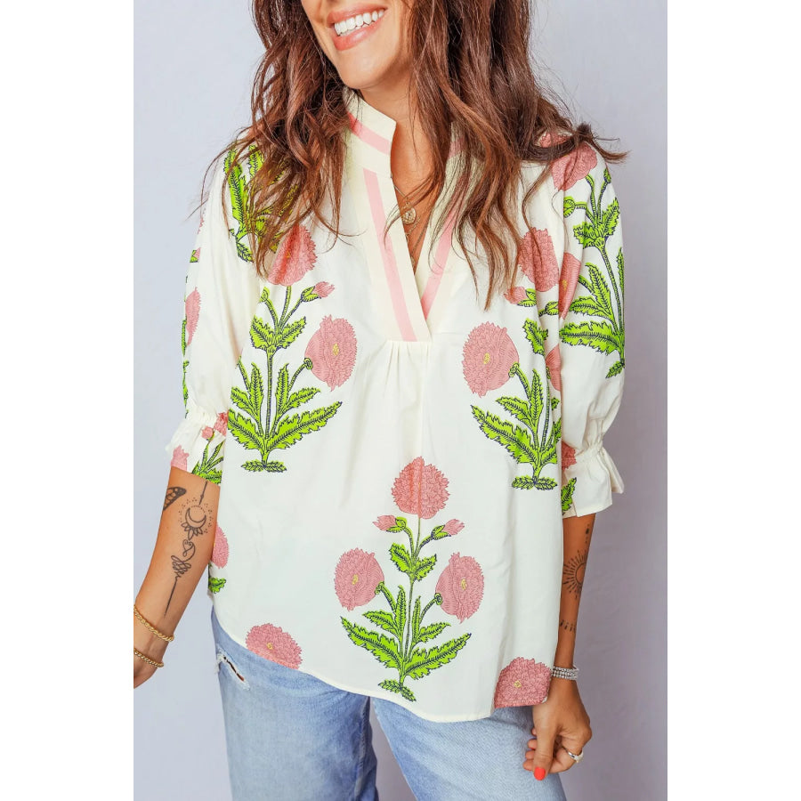 Floral Print Notched Ruffled Sleeve Blouse Apparel and Accessories