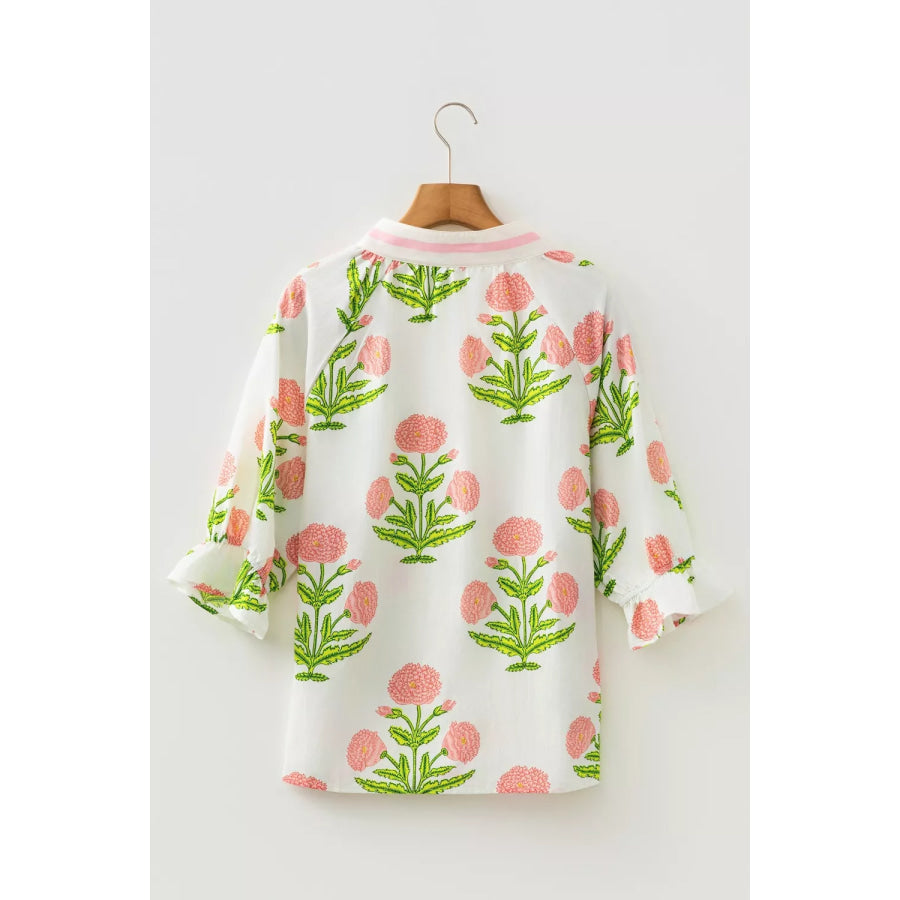 Floral Print Notched Ruffled Sleeve Blouse Apparel and Accessories