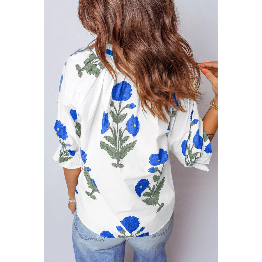Floral Print Notched Ruffled Sleeve Blouse Apparel and Accessories