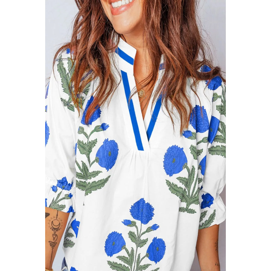 Floral Print Notched Ruffled Sleeve Blouse Apparel and Accessories
