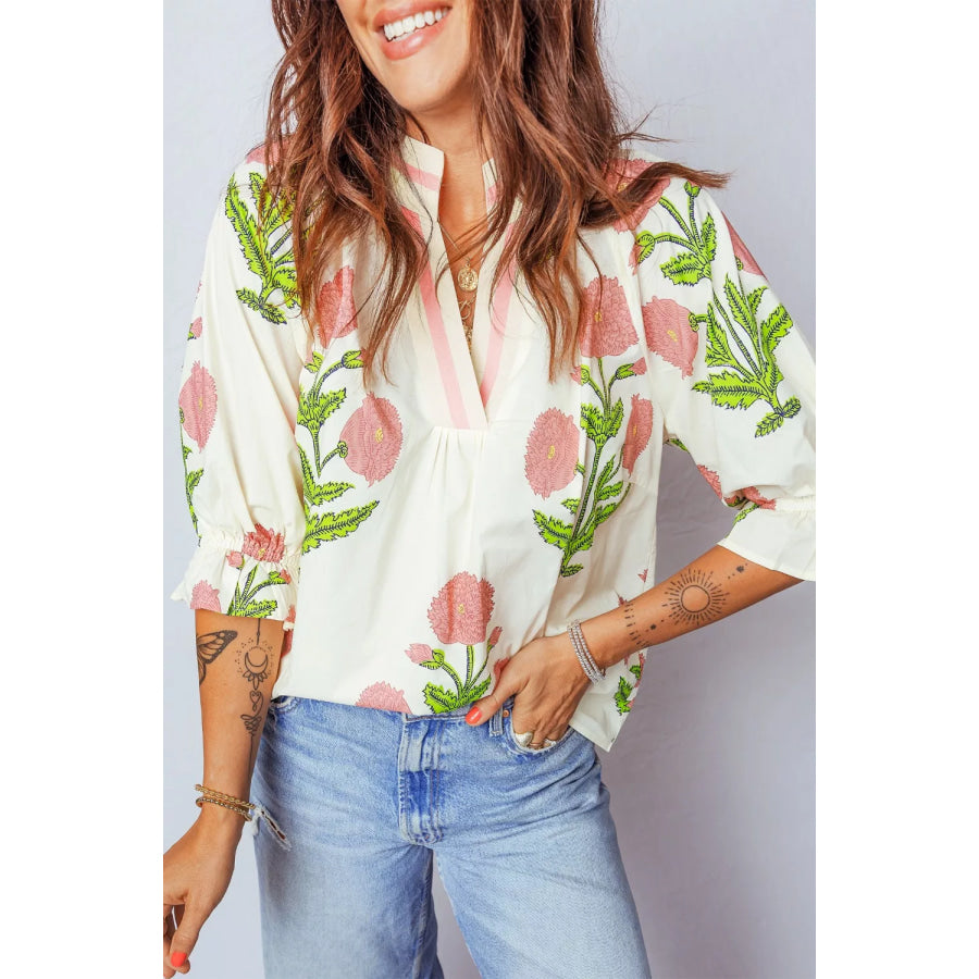 Floral Print Notched Ruffled Sleeve Blouse Apparel and Accessories