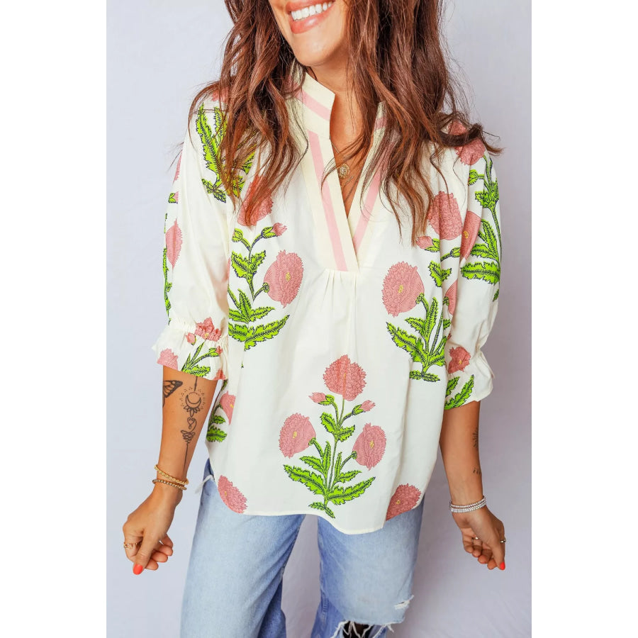 Floral Print Notched Ruffled Sleeve Blouse Blush Pink / S Apparel and Accessories