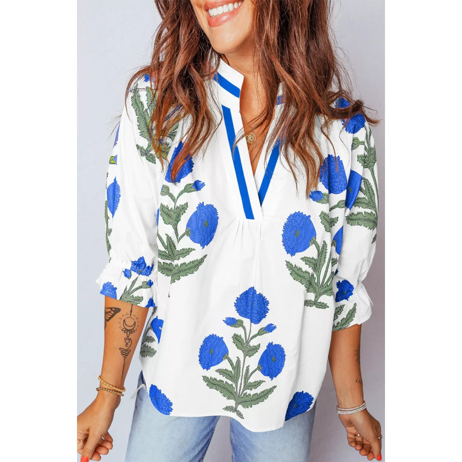 Floral Print Notched Ruffled Sleeve Blouse Light Blue / S Apparel and Accessories