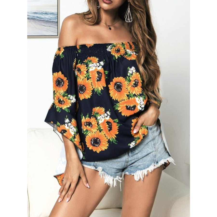 Floral Print Off-Shoulder Flounce Sleeve Blouse Navy / S