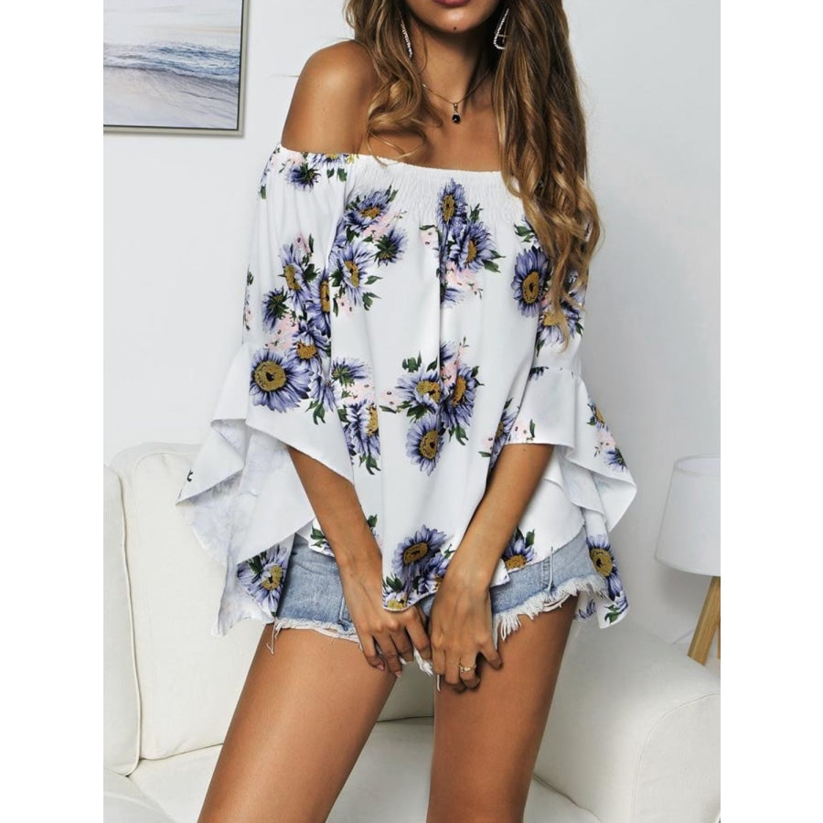 Floral Print Off-Shoulder Flounce Sleeve Blouse