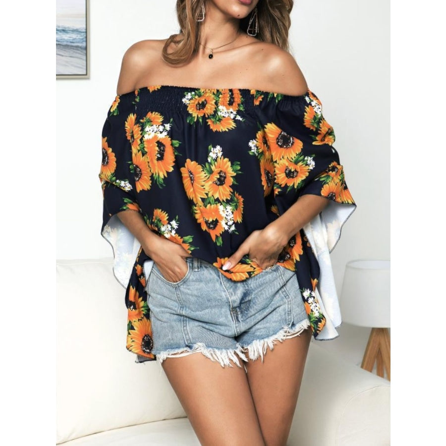 Floral Print Off-Shoulder Flounce Sleeve Blouse