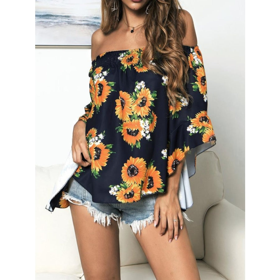 Floral Print Off-Shoulder Flounce Sleeve Blouse