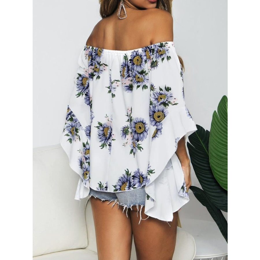 Floral Print Off-Shoulder Flounce Sleeve Blouse White / S