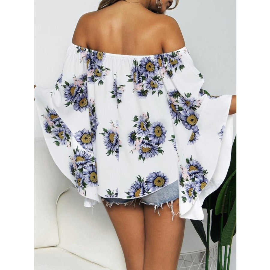 Floral Print Off-Shoulder Flounce Sleeve Blouse