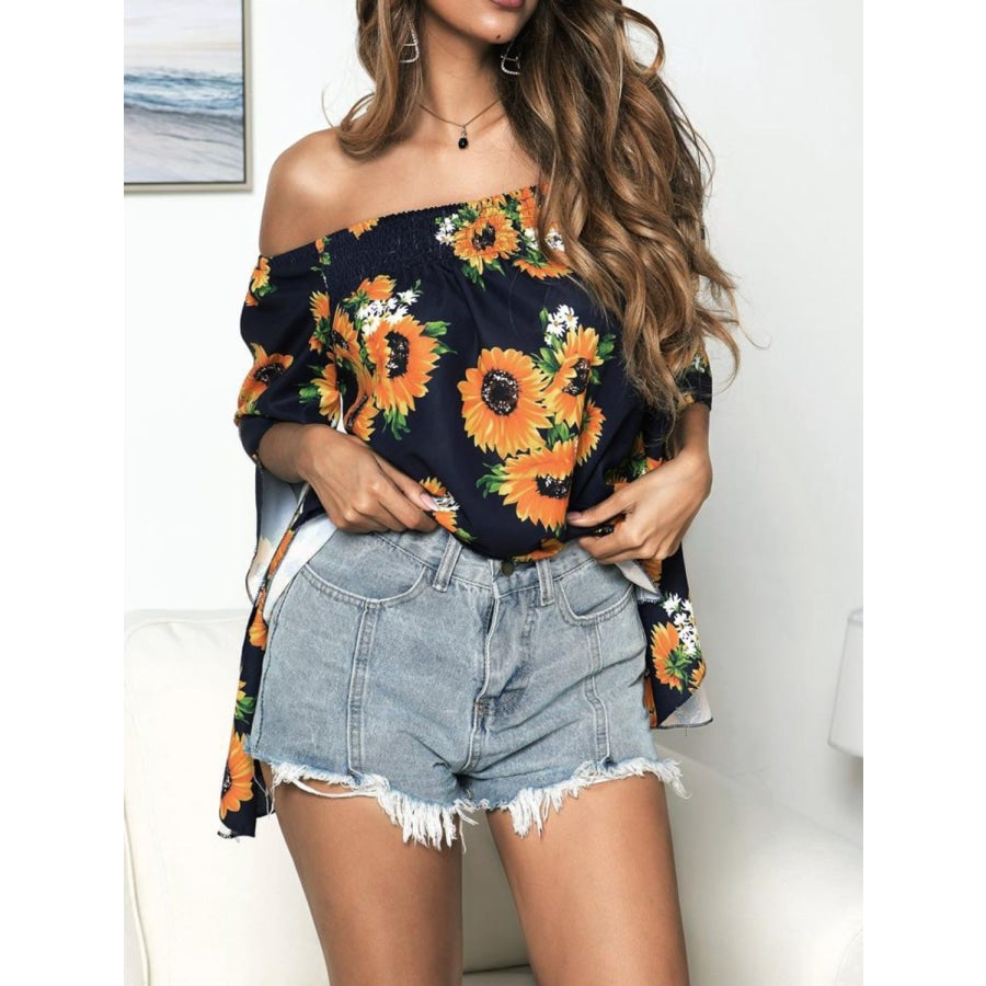 Floral Print Off-Shoulder Flounce Sleeve Blouse