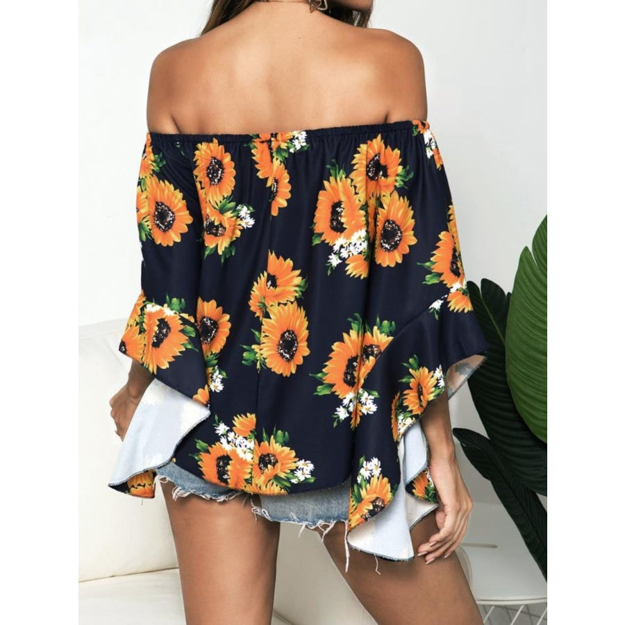 Floral Print Off-Shoulder Flounce Sleeve Blouse