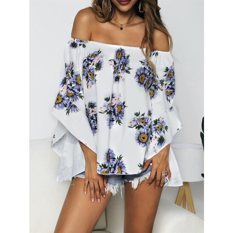 Floral Print Off-Shoulder Flounce Sleeve Blouse