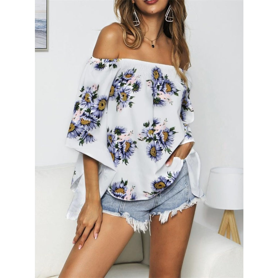 Floral Print Off-Shoulder Flounce Sleeve Blouse White / S