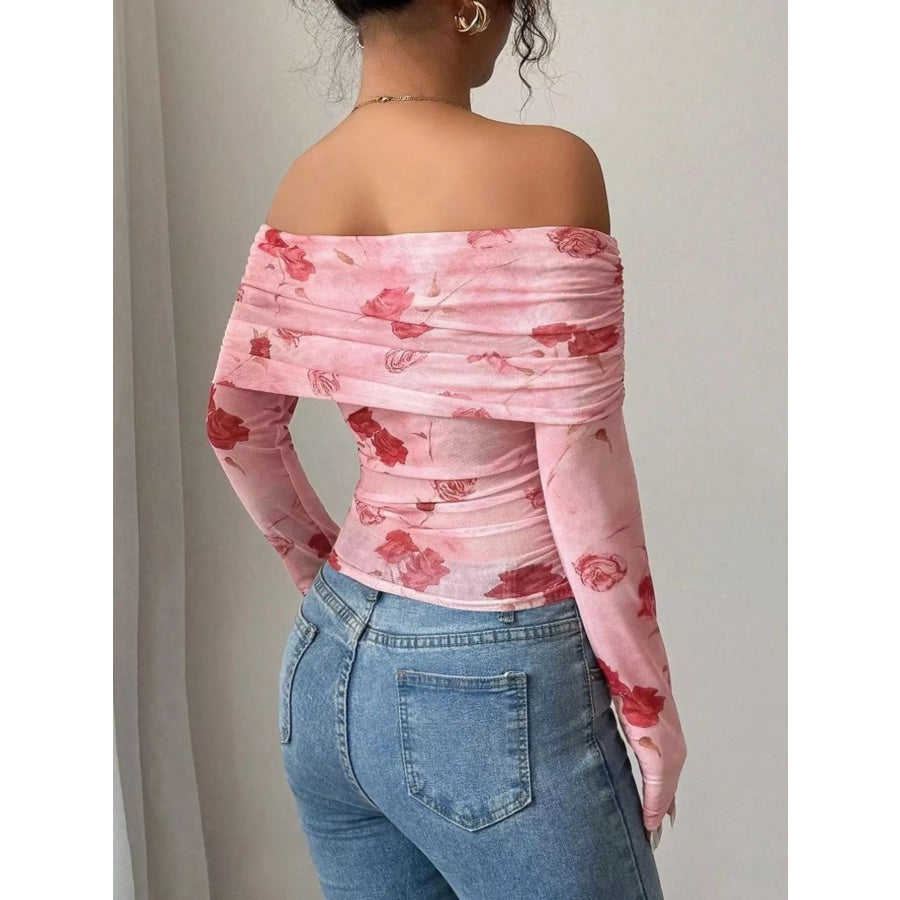 Floral Print Off-Shoulder Mesh Top Apparel and Accessories