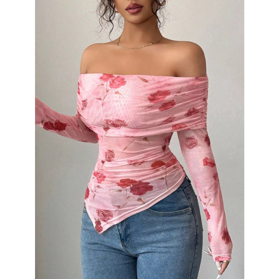 Floral Print Off-Shoulder Mesh Top Apparel and Accessories