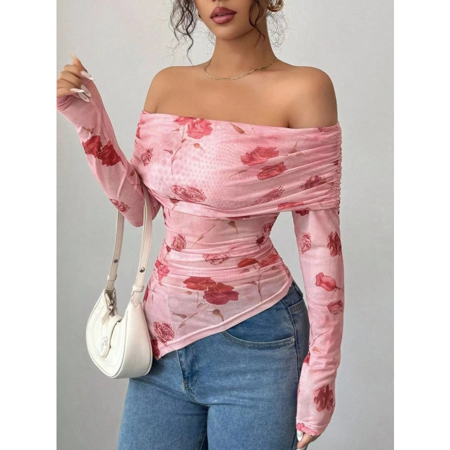 Floral Print Off-Shoulder Mesh Top Apparel and Accessories