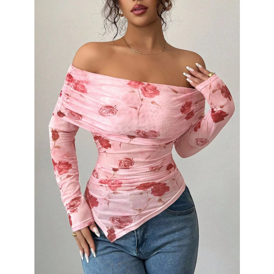 Floral Print Off-Shoulder Mesh Top Apparel and Accessories