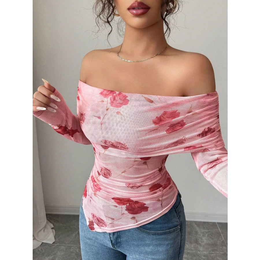 Floral Print Off-Shoulder Mesh Top Apparel and Accessories