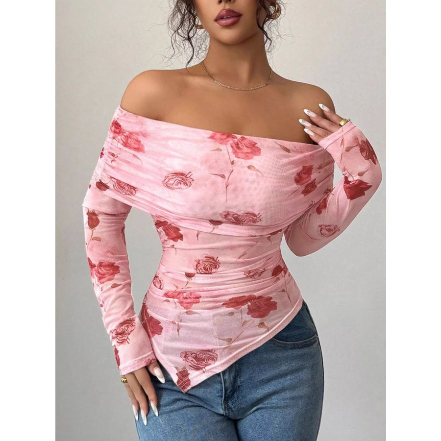 Floral Print Off-Shoulder Mesh Top Pink / S Apparel and Accessories