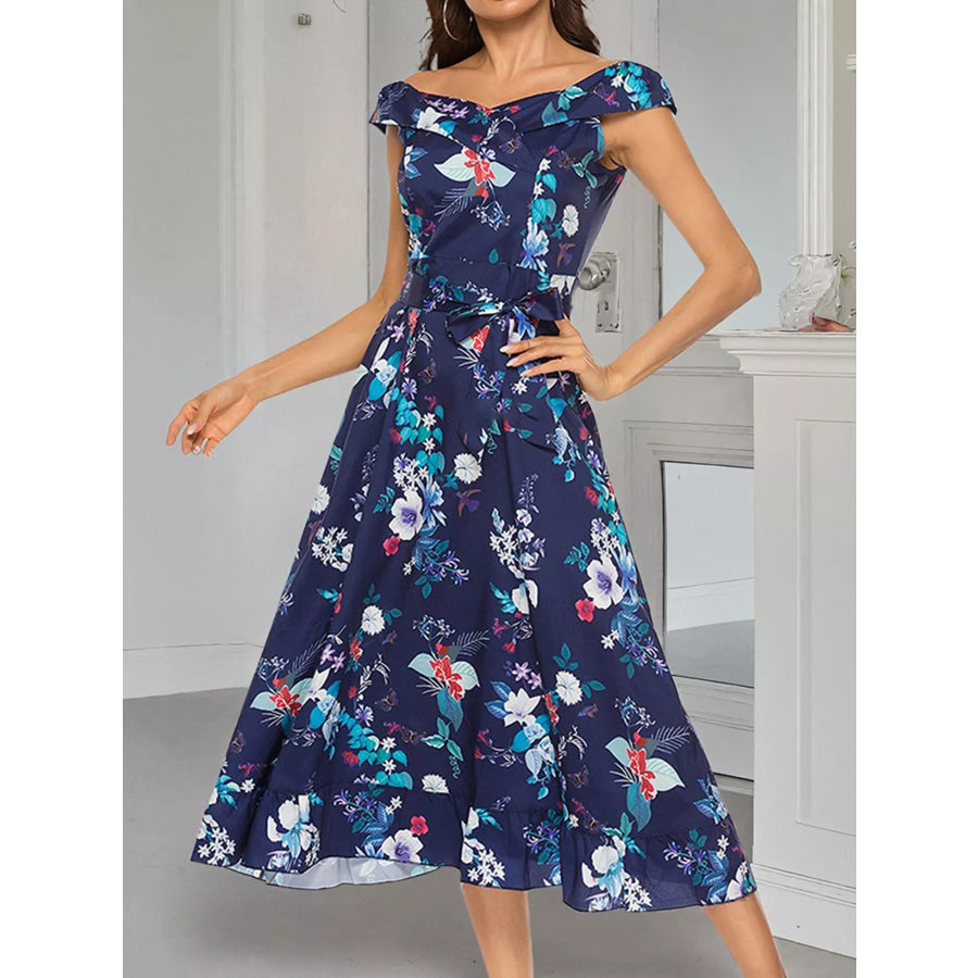 Floral Print Off Shoulder Midi Dress Dark Blue / S Apparel and Accessories