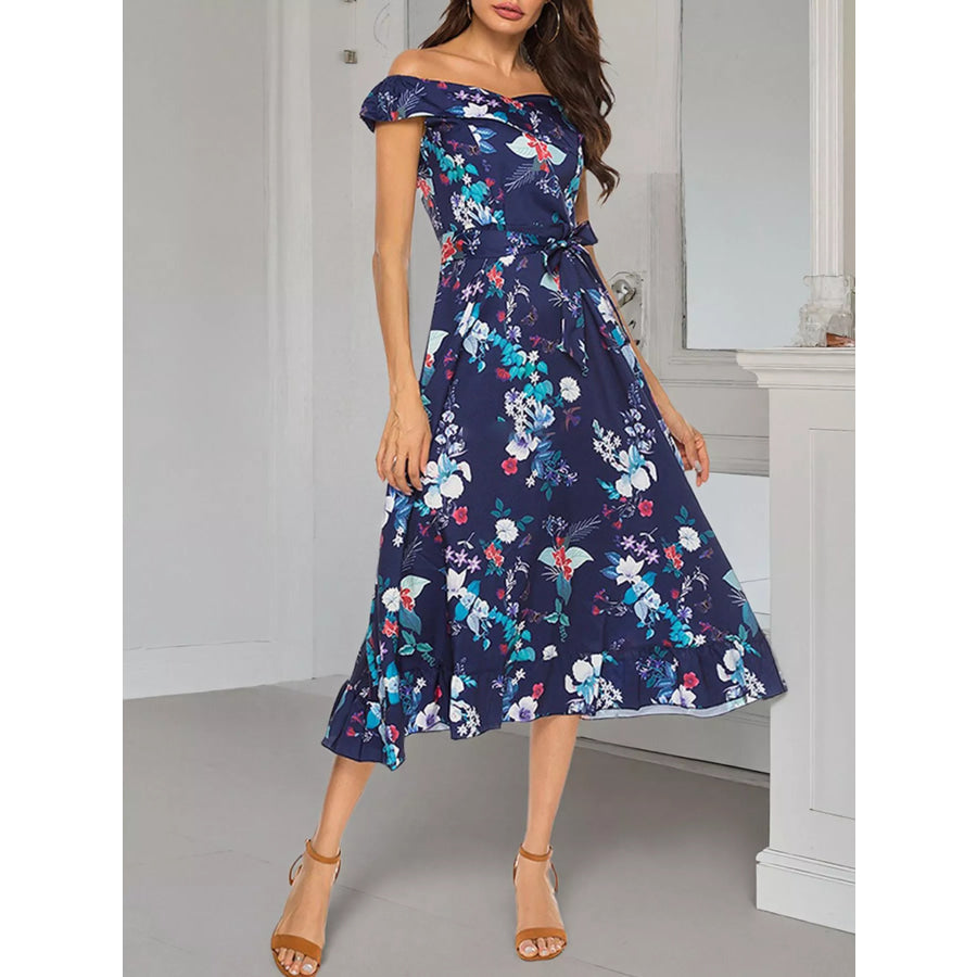 Floral Print Off Shoulder Midi Dress Dark Blue / S Apparel and Accessories