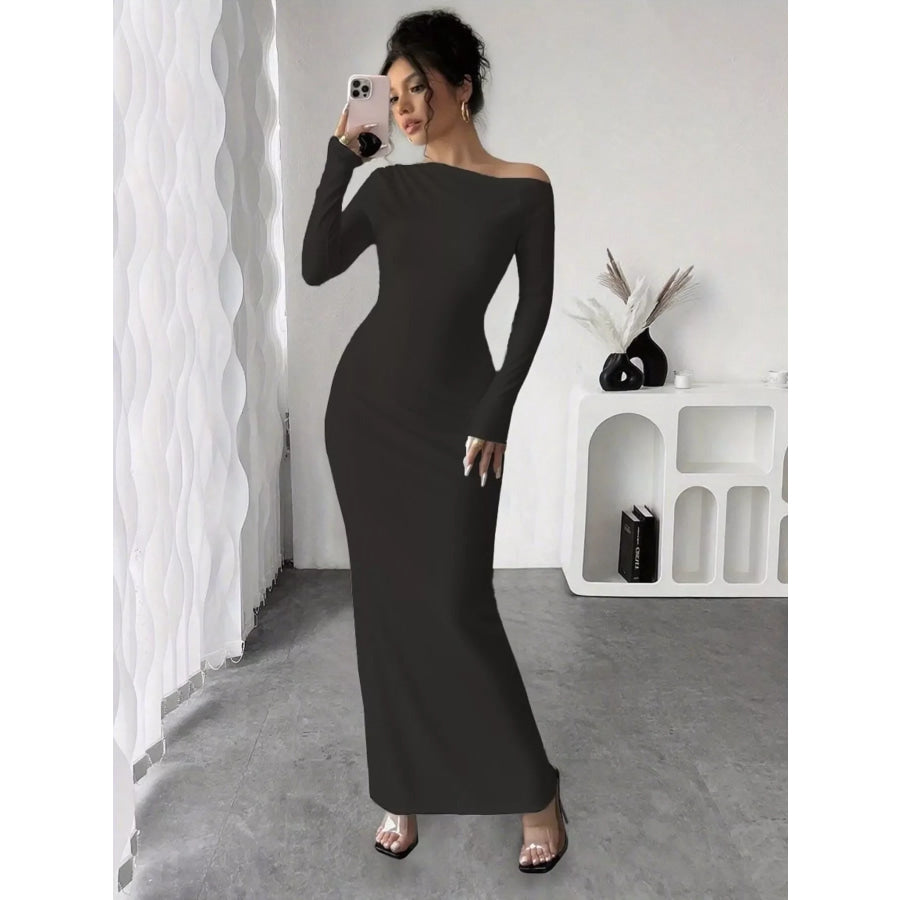 Floral Print One Shoulder Maxi Dress Black / S Apparel and Accessories