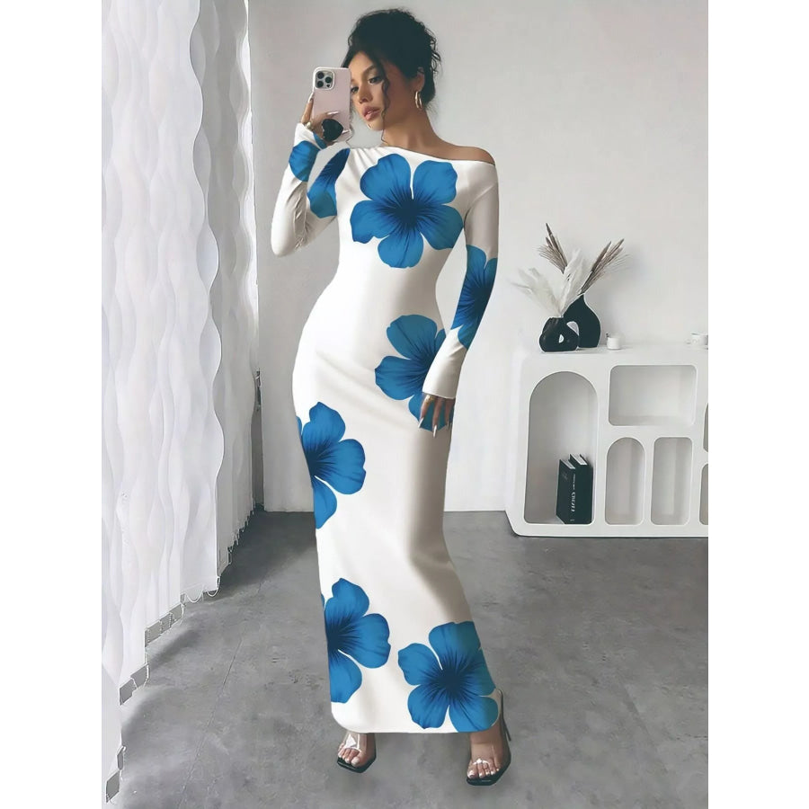 Floral Print One Shoulder Maxi Dress Blue / S Apparel and Accessories