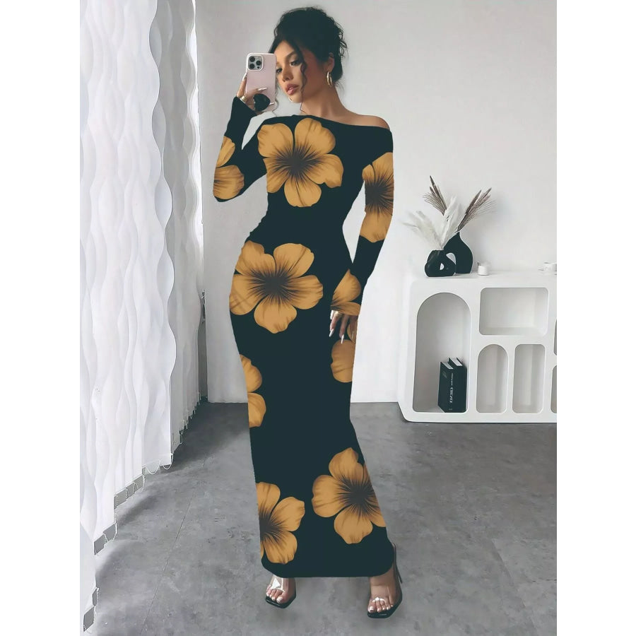 Floral Print One Shoulder Maxi Dress Caramel / S Apparel and Accessories