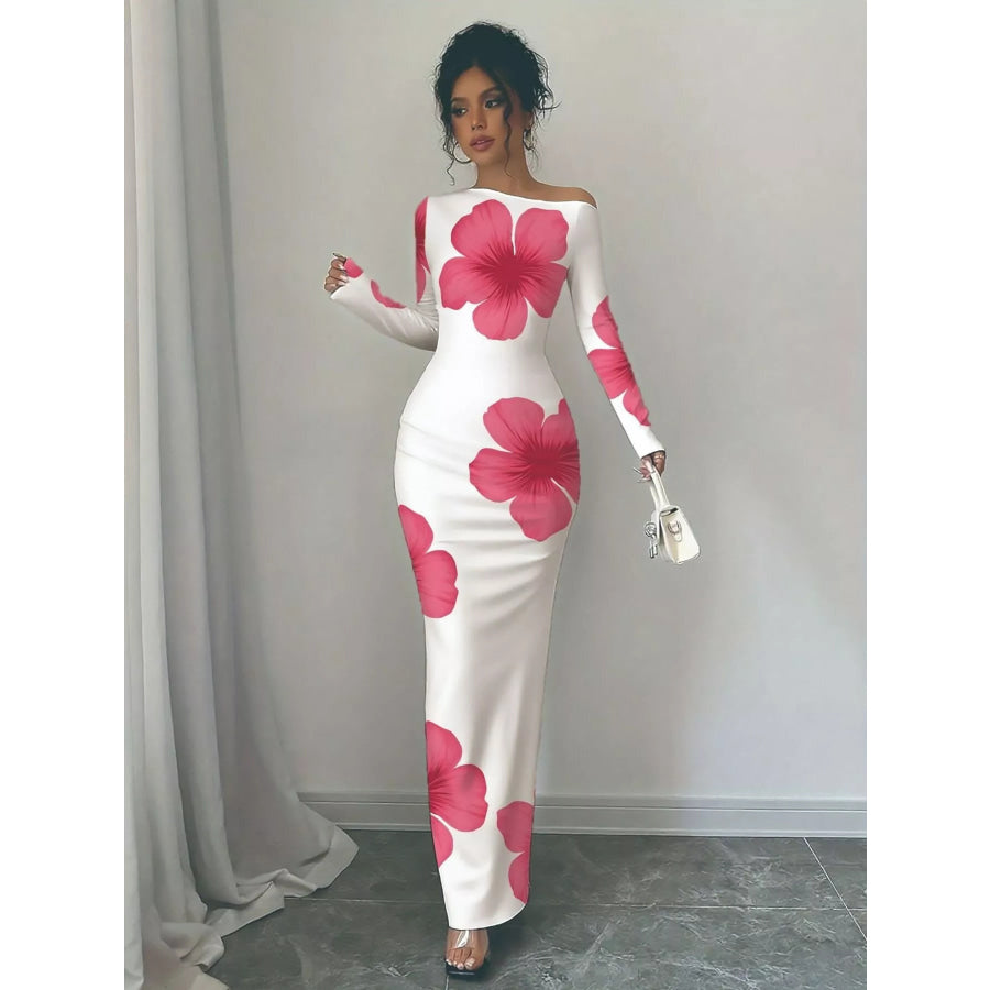 Floral Print One Shoulder Maxi Dress Pink / S Apparel and Accessories