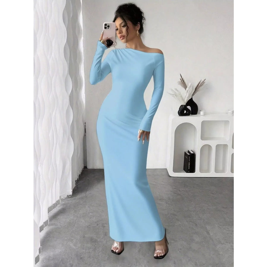 Floral Print One Shoulder Maxi Dress Sky Blue / S Apparel and Accessories