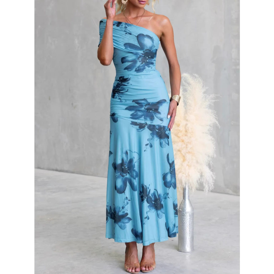 Floral Print One-Shoulder Ruched Maxi Dress Apparel and Accessories