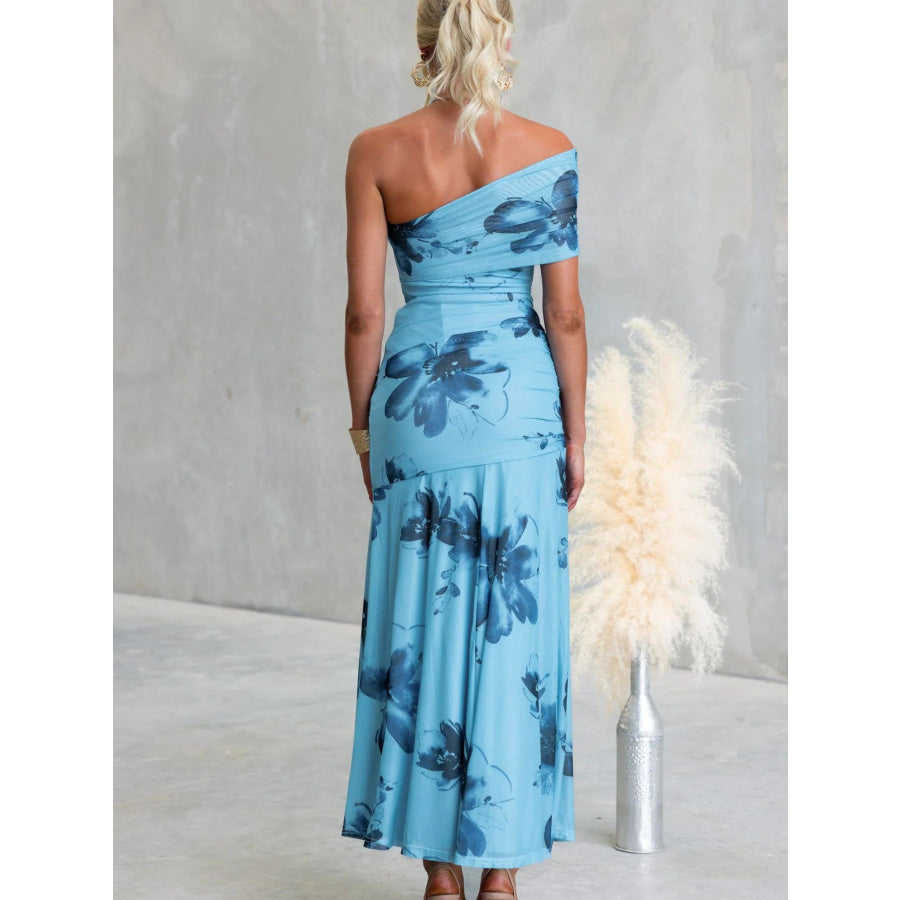 Floral Print One-Shoulder Ruched Maxi Dress Apparel and Accessories
