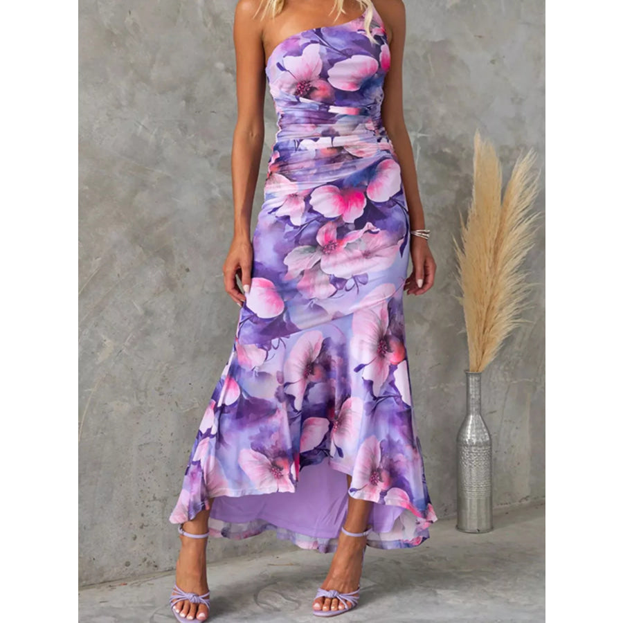 Floral Print One-Shoulder Ruched Maxi Dress Apparel and Accessories