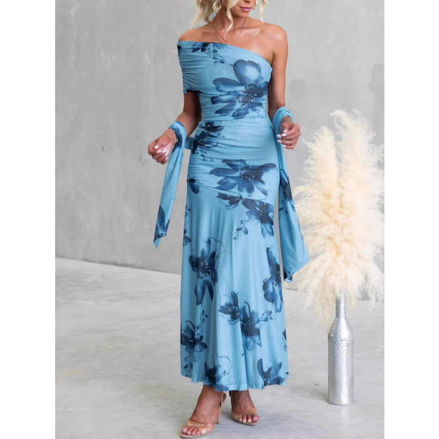 Floral Print One-Shoulder Ruched Maxi Dress Apparel and Accessories