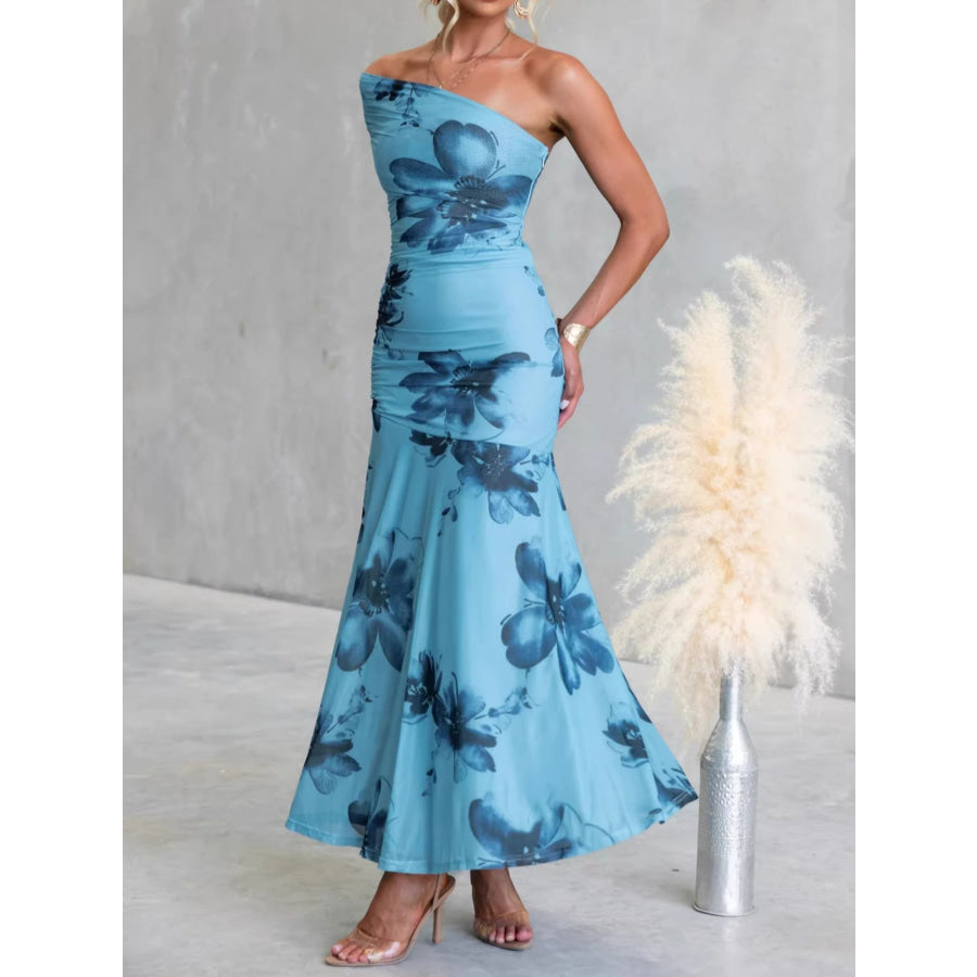 Floral Print One-Shoulder Ruched Maxi Dress Apparel and Accessories
