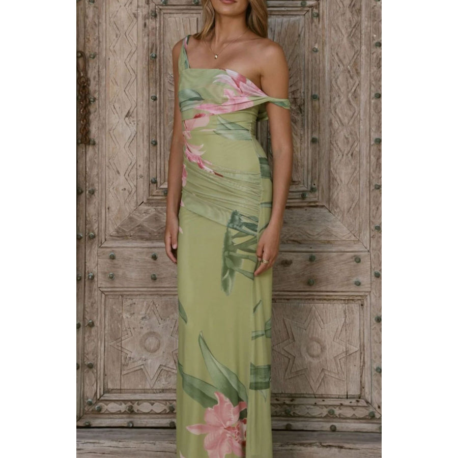Floral Print One-Shoulder Ruched Maxi Dress Apparel and Accessories