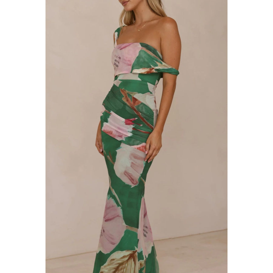 Floral Print One-Shoulder Ruched Maxi Dress Apparel and Accessories