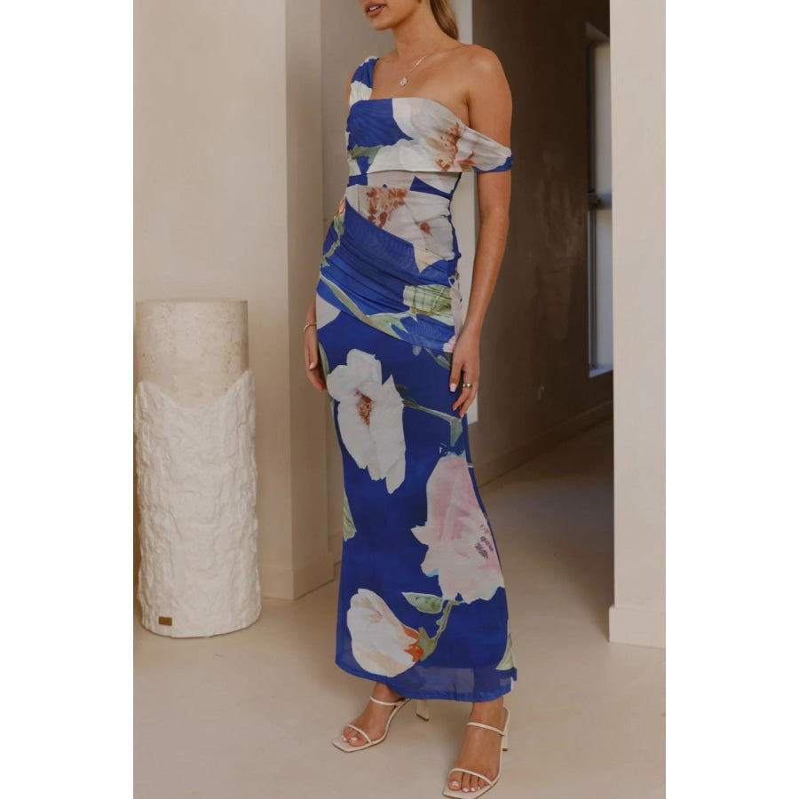 Floral Print One-Shoulder Ruched Maxi Dress Apparel and Accessories