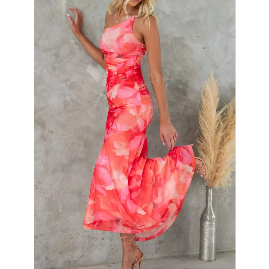 Floral Print One-Shoulder Ruched Maxi Dress Apparel and Accessories