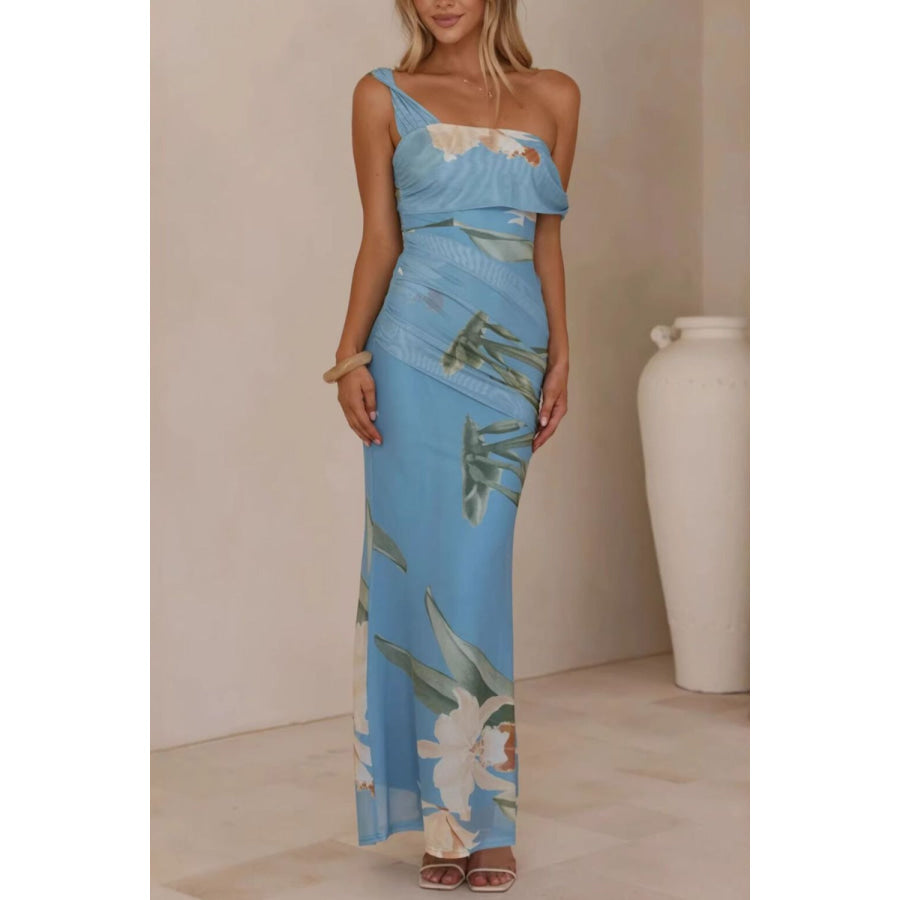 Floral Print One-Shoulder Ruched Maxi Dress Apparel and Accessories