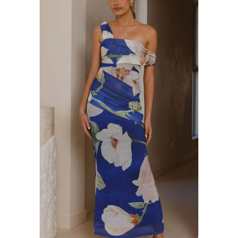 Floral Print One-Shoulder Ruched Maxi Dress Apparel and Accessories