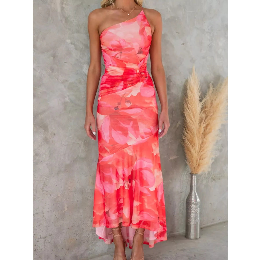 Floral Print One-Shoulder Ruched Maxi Dress Apparel and Accessories