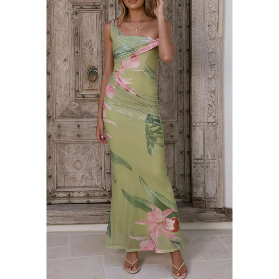 Floral Print One-Shoulder Ruched Maxi Dress Apparel and Accessories