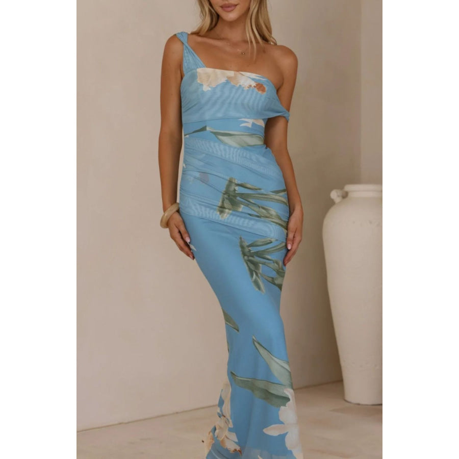 Floral Print One-Shoulder Ruched Maxi Dress Apparel and Accessories