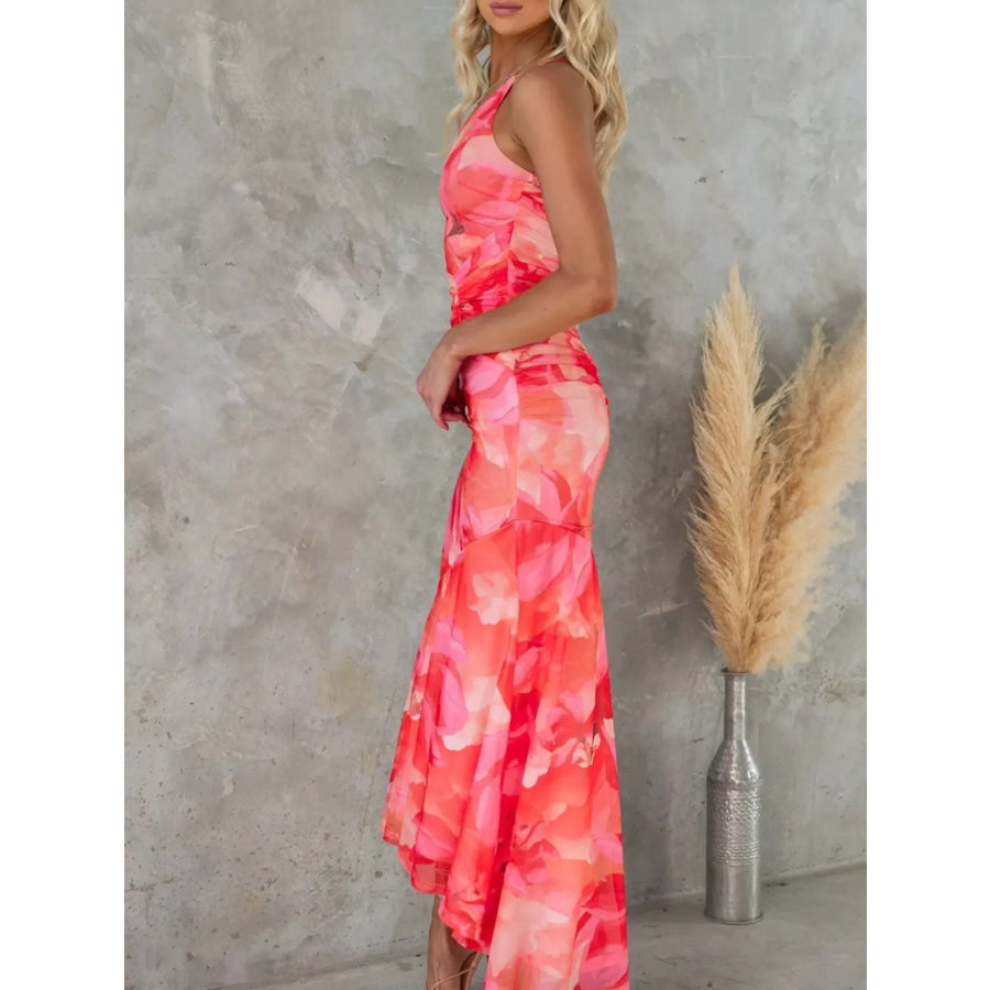 Floral Print One-Shoulder Ruched Maxi Dress Apparel and Accessories