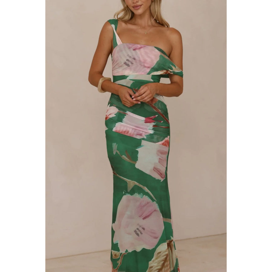 Floral Print One-Shoulder Ruched Maxi Dress Apparel and Accessories
