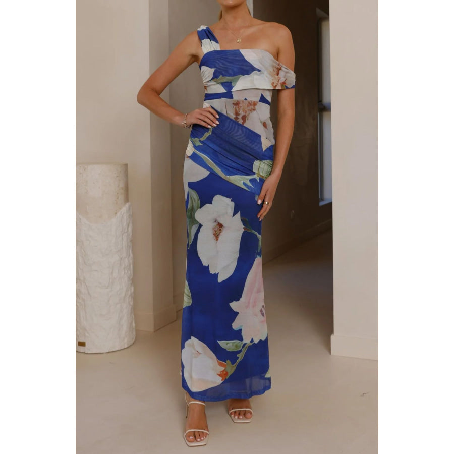 Floral Print One-Shoulder Ruched Maxi Dress Apparel and Accessories
